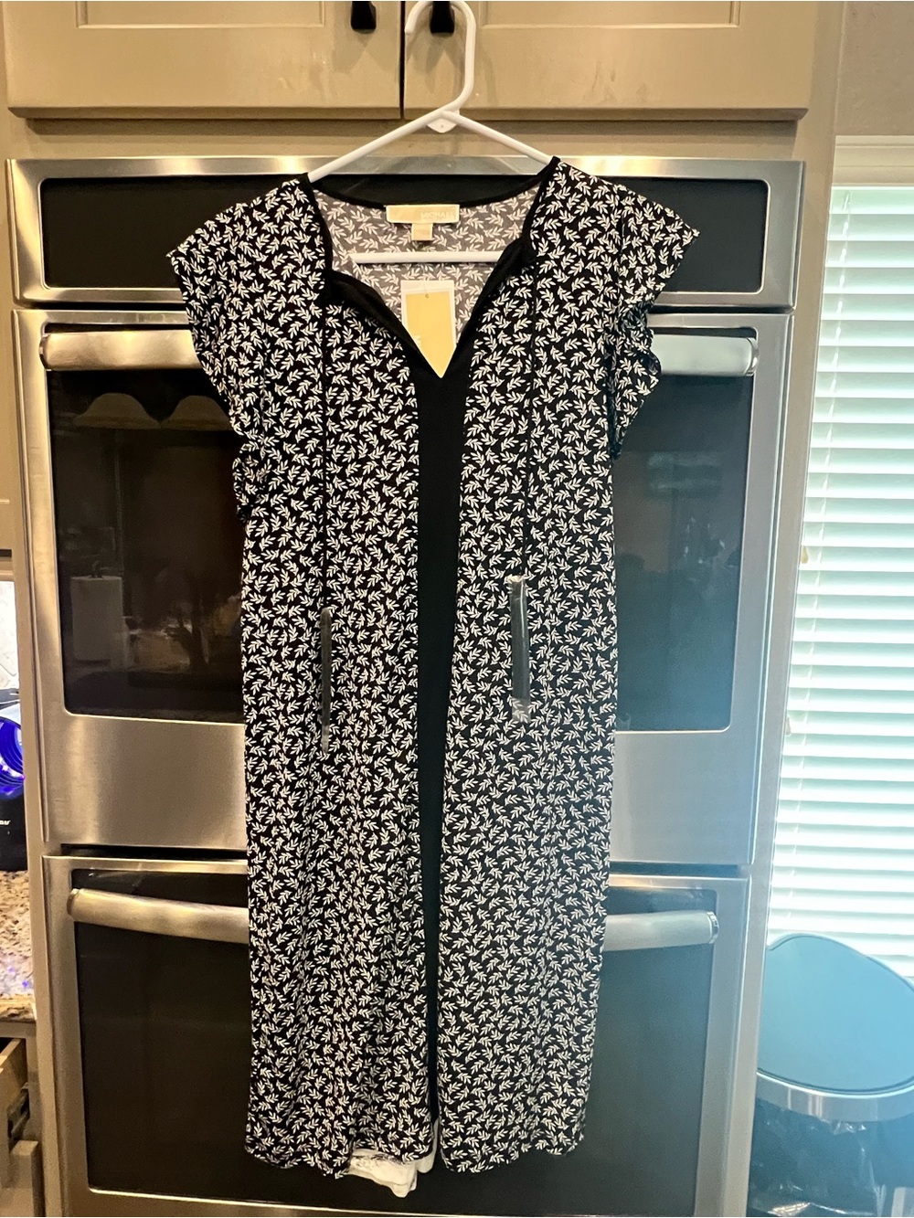 Michael Kors Black and White Floral-Print Midi Dress with Front Panel